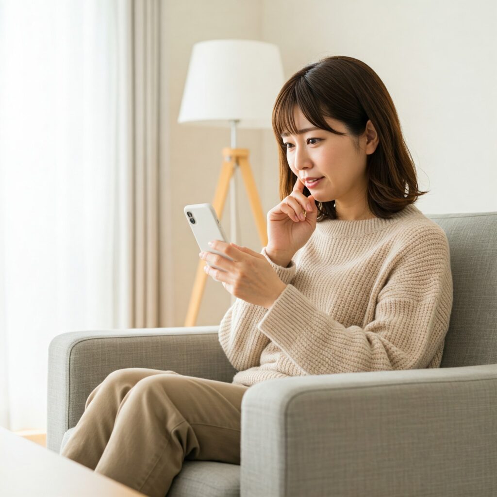 自宅でスマホを見ながら欲しい商品を検索中の女性。